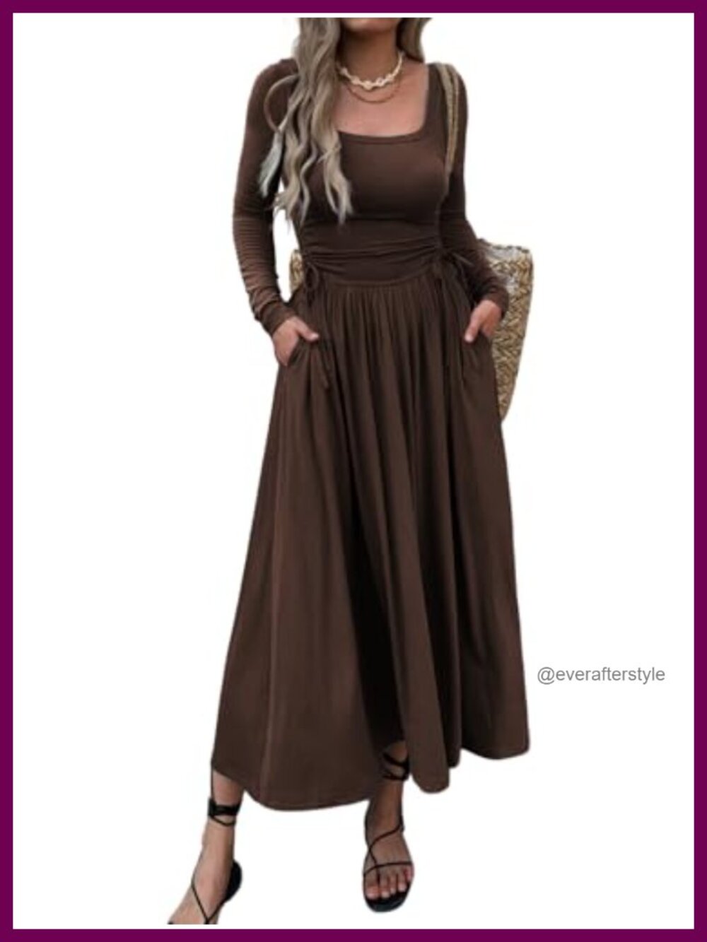 Long Sleeve Square Neck A-Line Maxi Dress Adjustable Waist Tie Pockets